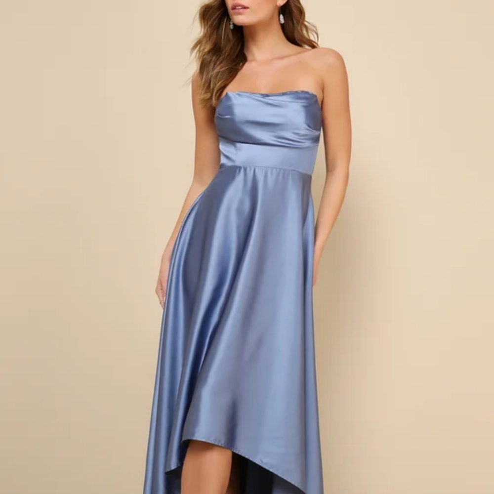 Lulus Outstanding Charm Slate Blue Satin Strapless High-Low Maxi Dress
